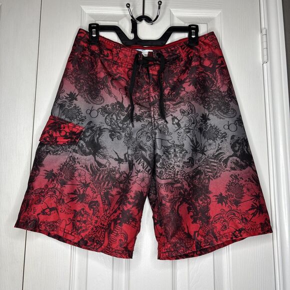 Y2K OP Ocean Pacific Board Shorts Size 30 Red And Grey All Over Print - Picture 1 of 7